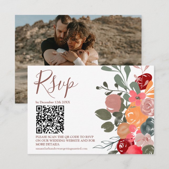 Retro Fall florale Aquarell Foto QR Hochzeit RSVP Karte (Vorne/Hinten)
