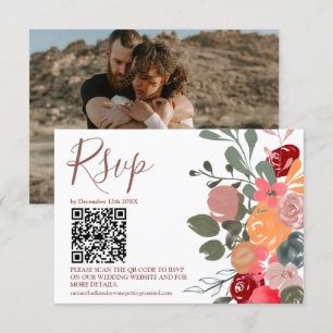 Retro Fall florale Aquarell Foto QR Hochzeit RSVP Karte