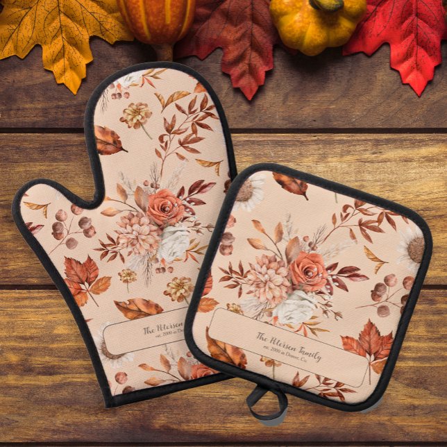 Retro Fall florale Familienname Küche personalisie Ofenhandschuh & Topflappen-Set (Von Creator hochgeladen)