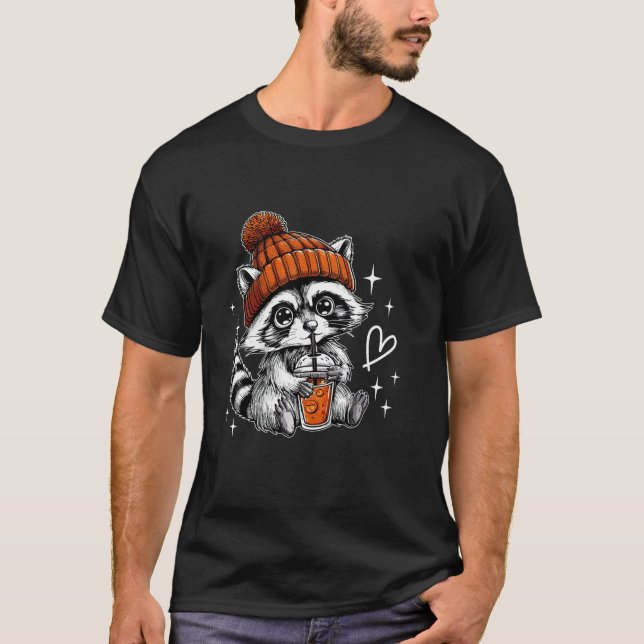 Retro Fall Racoon Coffee Ferry Racoon Pumpkin Autu T-Shirt (Vorderseite)