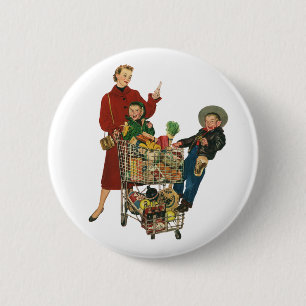Retro Familie, Mama und Kinder Lebensmittelgeschäf Button