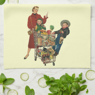 Retro Familie, Mama und Kinder Lebensmittelgeschäf Geschirrtuch