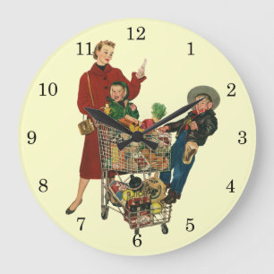 Retro Familie, Mama und Kinder Lebensmittelgeschäf Große Wanduhr