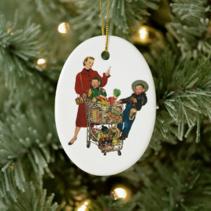 Retro Familie, Mama und Kinder Lebensmittelgeschäf Keramik Ornament