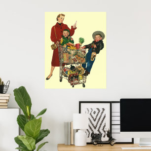 Retro Familie, Mama und Kinder, Supermarkt Poster