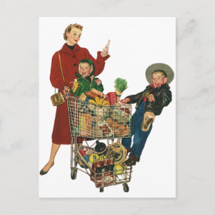 Retro Familie, Mama und Kinder, Supermarkt Postkarte