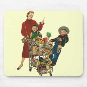 Retro-Familie, Mutter und Kinder im Einkaufswagen Mousepad
