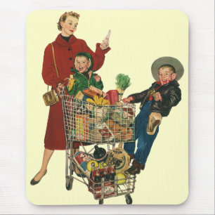 Retro-Familie, Mutter und Kinder im Einkaufswagen Mousepad