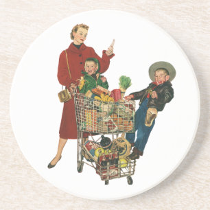 Retro-Familie, Mutter und Kinder im Einkaufswagen Untersetzer