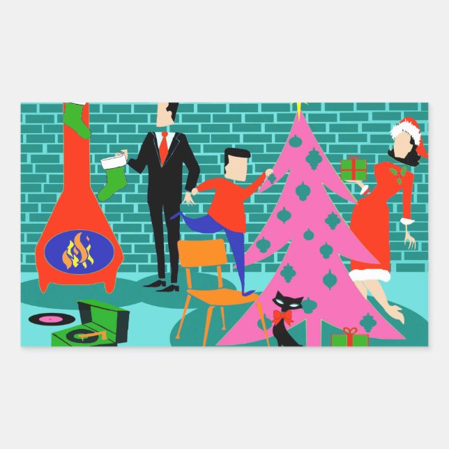 Retro Familie schneidet die Weihnachtsbaumklammern Rechteckiger Aufkleber (Vorderseite)