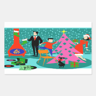 Retro Familie schneidet die Weihnachtsbaumklammern Rechteckiger Aufkleber