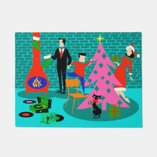 Retro Familie, welche die Weihnachtsbaum-Tür-Matt Fußmatte