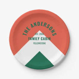 Retro Familienhaus Personalisierter Name Grün Rot Pappteller