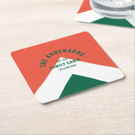 Retro Familienhaus Personalisierter Name Rot Grün Rechteckiger Pappuntersetzer