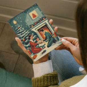 Retro Familienweihnachten am Kamin Feiertagskarte