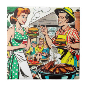 Retro Family Barbecue Comic Illustration Fliese