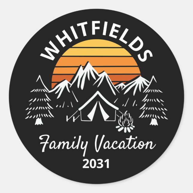 Retro Family Camping Vacacation Individuelle Name Runder Aufkleber (Vorderseite)