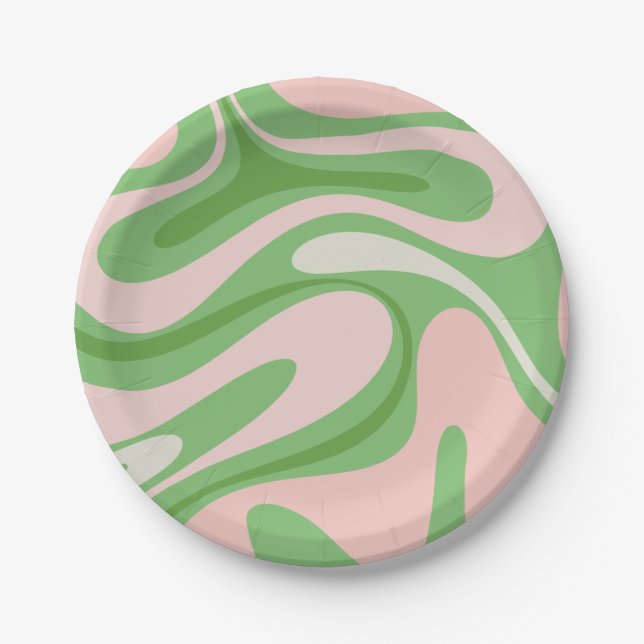 Retro Fantasy Swirf Abstraktes Muster Grün Rosa Pappteller (Vorderseite)