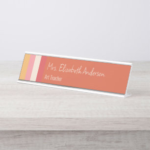 Retro-Farben Orange Pink Gold Streifen Lehrer Schreibtischnamensplakette