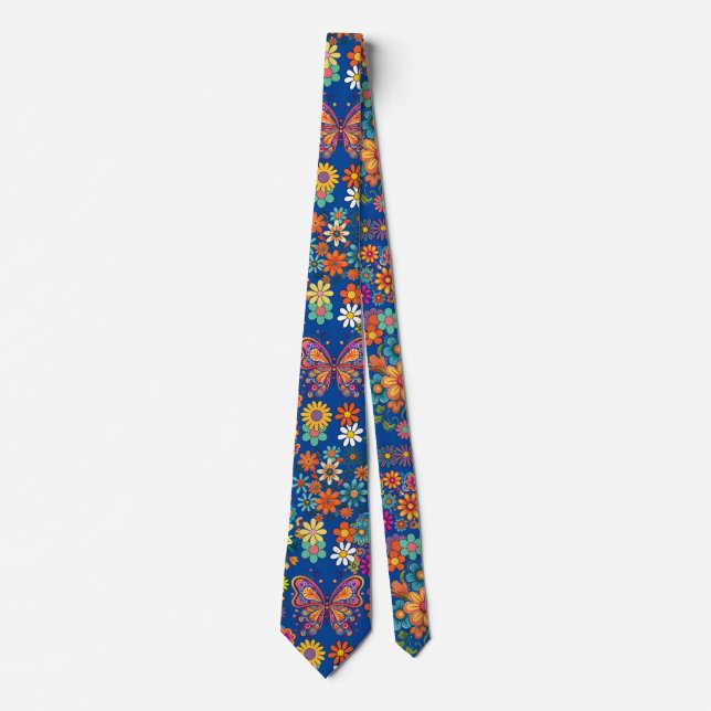 Retro farbenfrohe Blume Muster. Blue BG Krawatte (Vorderseite)