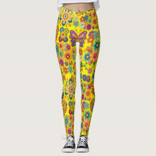 Retro farbenfrohe Blume Muster. Hellgelbe BG Leggings