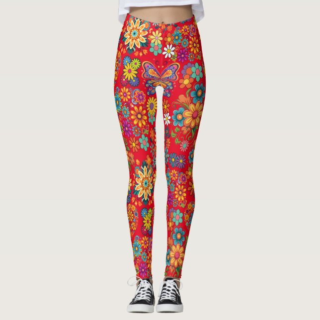 Retro farbenfrohe Blume Muster. Red BG Leggings (Vorderseite)