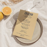 Retro farbenfrohe Bright Funky Modern Boho Wedding Menükarte<br><div class="desc">Ein buntes Retro funky modernes helles Abendmenü. Das Design der schicken Vorlage boho Vintag peach gelben Hintergrund und oxford blauen Typografie und handgeschriebenen Menü in blau . Und heller,  grüner Hintergrund. Perfekt und passend zu der ganzen Suite.</div>