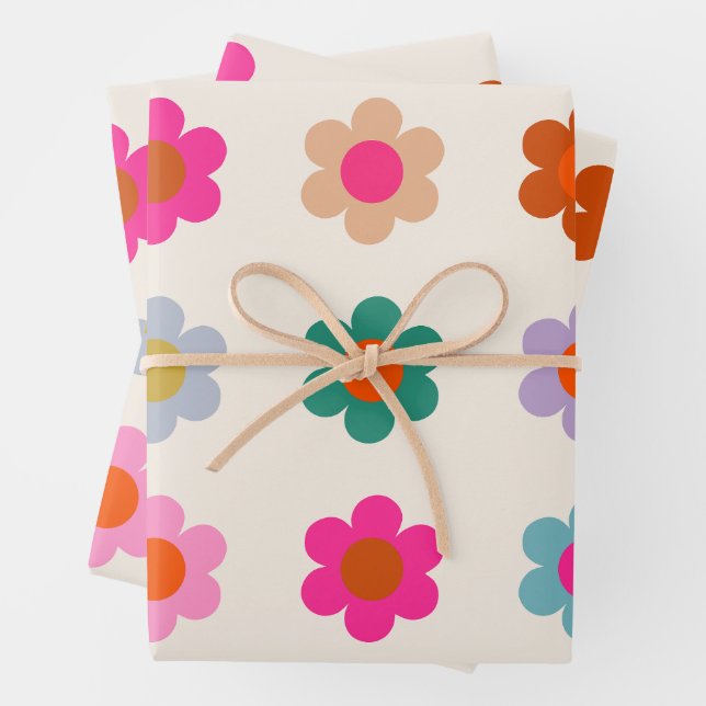 Retro farbenfrohe florale Preppy Abstrakte Blume Geschenkpapier Set (Beispiel)