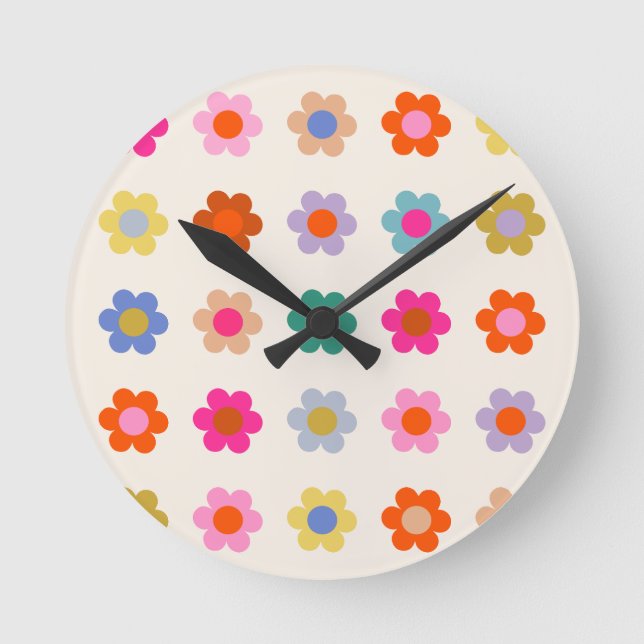 Retro farbenfrohe florale Preppy Abstrakte Blume Runde Wanduhr (Vorderseite)