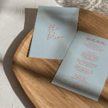 Retro farbenfrohe Funky Moderne einzigartige Hochz Menükarte<br><div class="desc">Ein buntes Retro funky modernes helles Abendmenü. Das Design der schicken Vorlage boho Vintagen Himmel blauer Hintergrund und orange Typografie und handgeschriebenes Menü in rot. Perfekt und passend zu der ganzen Suite.</div>