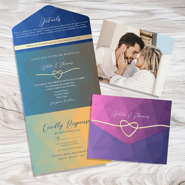 Retro farbenfrohe geometrische Foto Hochzeit Einla All In One Einladung (Von Creator hochgeladen)