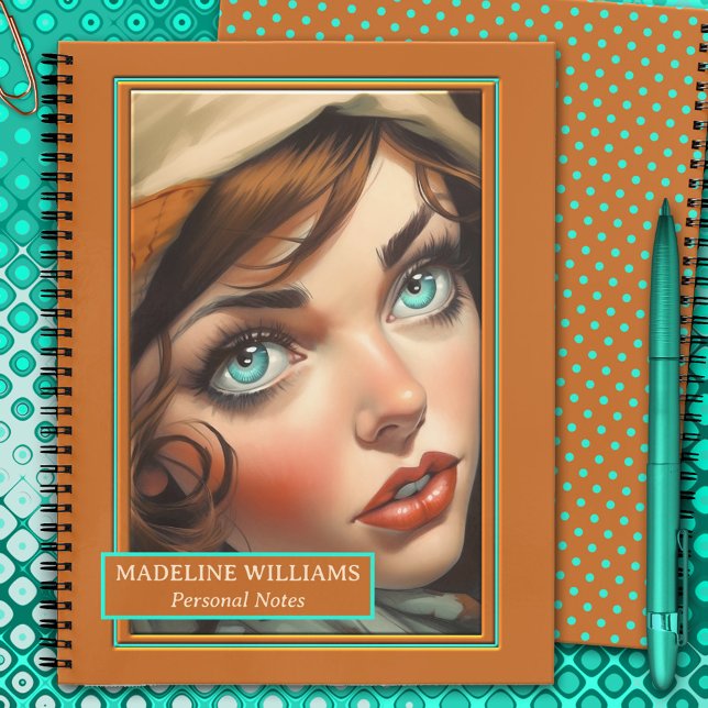 Retro farbenfrohe Girly Illustration Notizbuch (Notebook featuring a fun girly retro illustration on the front & an orange turquoise polka dot back)