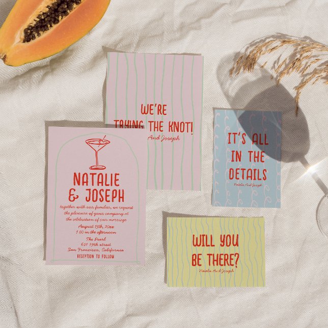 Retro farbenfrohe Hand Drawn Martini Quirky Weddin Einladung (Von Creator hochgeladen)