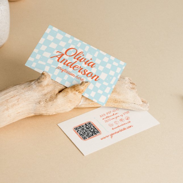 Retro farbenfrohe Hand gezogen Checked Groovy QR C Visitenkarte (Von Creator hochgeladen)