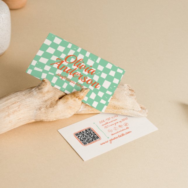Retro farbenfrohe Hand gezogen Checked Groovy QR C Visitenkarte (Von Creator hochgeladen)