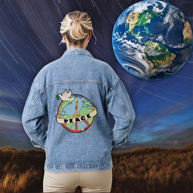 Retro farbenfrohe Hand gezogen Weltfrieden mit Tau Jeansjacke (Von Creator hochgeladen)
