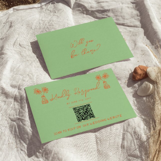 Retro farbenfrohe handgezogene, helle QR-Kodierung RSVP Karte (Von Creator hochgeladen)