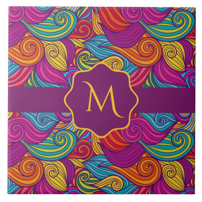 Retro farbenfrohe Jewel Tone Wirbel Wave Muster Fliese (Vorderseite)