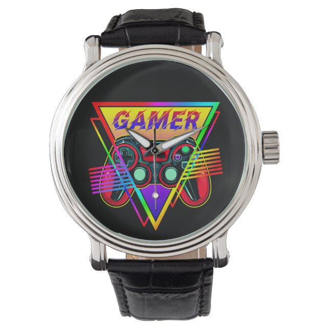 Retro farbenfrohe Rainbow Gamer Computerspiel Armbanduhr (Vorderseite)