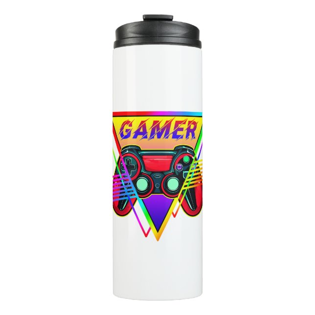 Retro farbenfrohe Rainbow Gamer Computerspiel Thermosbecher (Vorderseite)