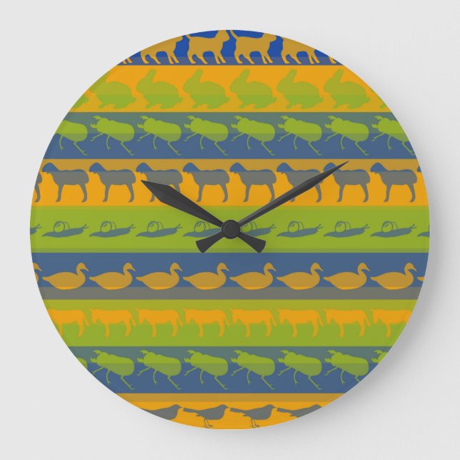 Retro farbenfrohe Tiere Modernes Streifenmuster #7 Große Wanduhr (Vorderseite)