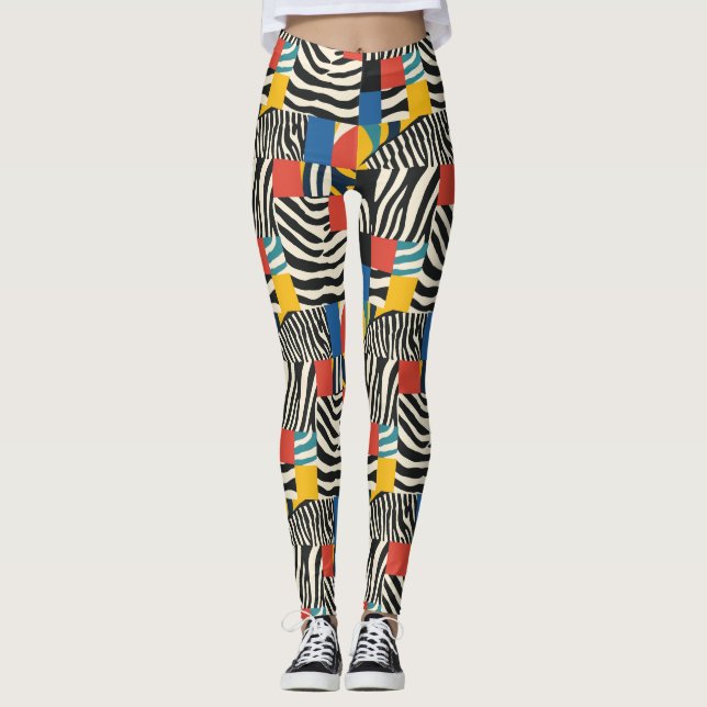 Retro farbenfrohe Zebra Block Gemusterte Leggings (Vorderseite)