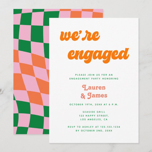 Retro farbenfroher 70er Wir sind Verlobte Engageme Einladung (Vorne/Hinten)
