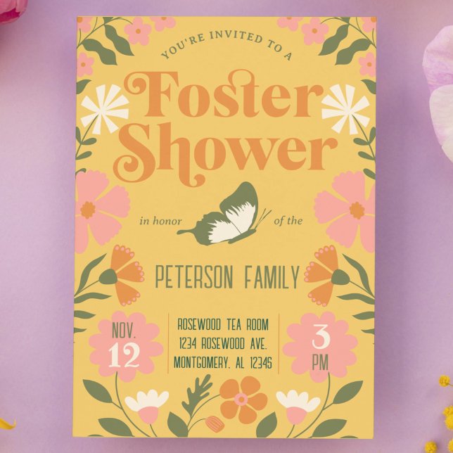 Retro farbenfroher Blumengarten Vorsorgedusche Einladung (Foster Shower Retro 70s garden flower butterfly design cute modern funky foster care shower invite)