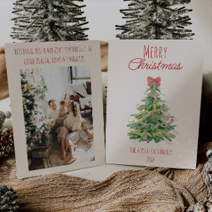Retro farbenfroher, roter, grüner Weihnachtsbaum Feiertagskarte