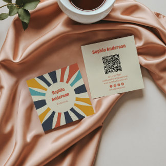 Retro Farbenfroher Sonnenbrand mit QR-Code - Elega Quadratische Visitenkarte