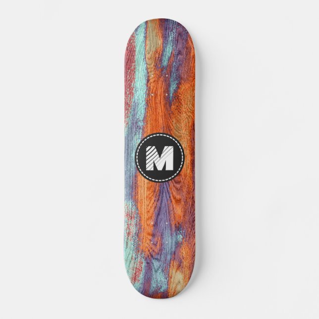 Retro Farbhölzernes Korn-Beschaffenheits-Monogramm Skateboard (Vorderseite)