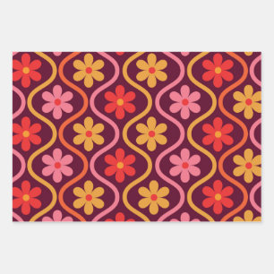 Retro-Farbige Blume auf dem Vintagen Ogee-Muster Geschenkpapier Set