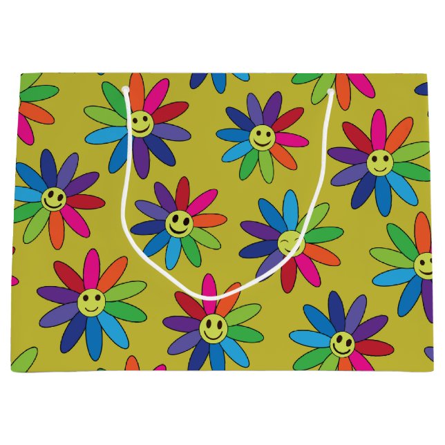 Retro farbige Blume mit Happy Gesichtsmuster Große Geschenktüte (Vorderseite)