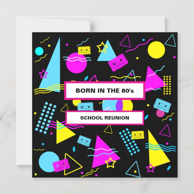 RETRO-FARBIGE FORMULIEN GEBORENE SCHULWIEDERSEHEN MAGNETEINLADUNG (Vorderseite)